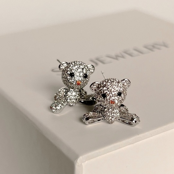 Teddy Bear Earrings Platinum Plated 925 Sterling Silver Luxury Earrings - Picture 11 of 16
